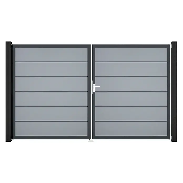 GroJa BasicLine Gartentor Premium - 300 x 180 cm, Silbergrau (DB703), Kunststoff, DIN Anschlag: Rechts - Graues, modernes Doppeltor mit horizontalen Lamellen und Griff.