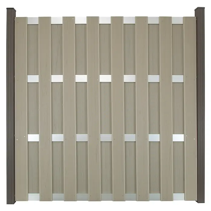 GroJa Steckzaun - 180 x 180 cm, Beige - Komposit-Zaunelement mit hellbraunen vertikalen Latten, weißen Querriegeln und dunkelgrauen Pfosten.