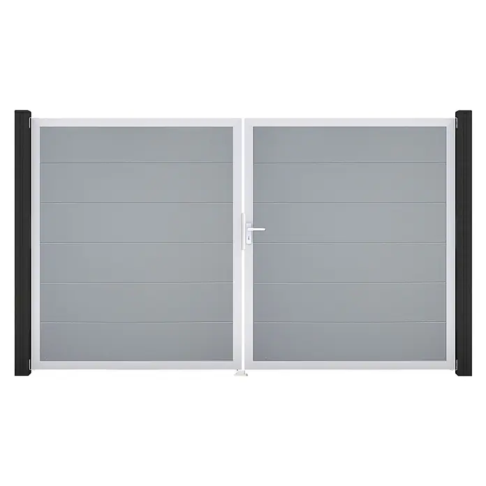 GroJa BasicLine Gartentor - 300 x 180 cm, Silbergrau (EV1), Kunststoff, DIN Anschlag: Rechts - Graues Doppelflügel-Drehtor mit horizontalen Paneelen, weißem Rahmen, weißem Griff und schwarzen Seitenpfosten.