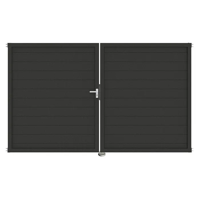 GroJa Lumino Gartentor - 300 x 180 cm, Anthrazit (DB703), Aluminium, DIN Anschlag: Links - Dunkelgraues Doppeltor mit horizontalen Lamellen, mit Griff und Schlüsselloch.