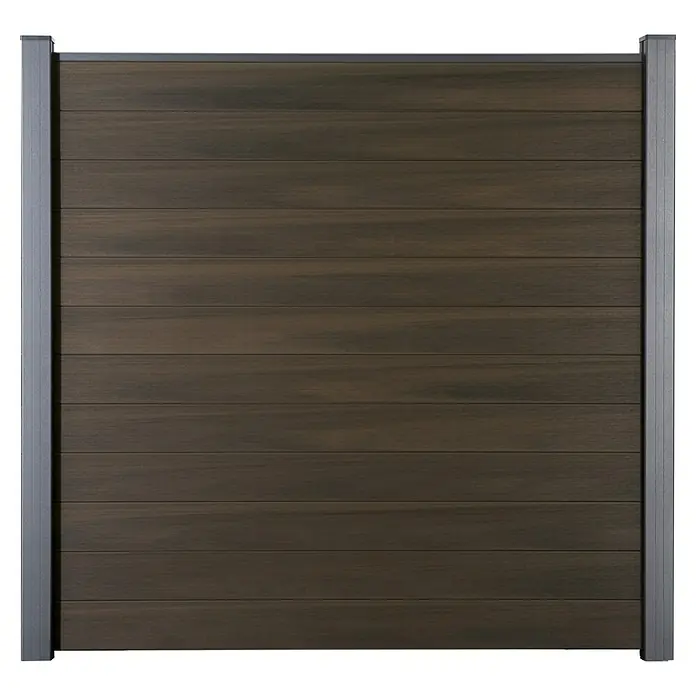 GroJa Solid Steckzaun - 180 x 180 cm, Walnuss - Dunkelbraunes Zaunfeld in Holzoptik mit grauen Metallpfosten für Sichtschutz.