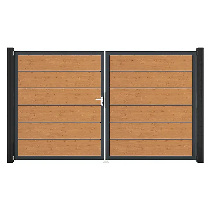 GroJa BasicLine Gartentor Premium - 300 x 180 cm, Asteiche Natur (DB703), Kunststoff, DIN Anschlag: Links - Zweiflügeliges Tor mit Holzoptik-Paneelen und dunklem Rahmen. Mit weißem Griff.