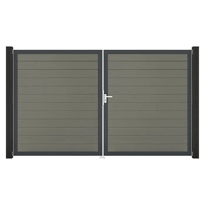 GroJa Solid Gartentor - 300 x 180 cm, Grau (DB703), DIN Anschlag: Rechts - Dunkelgraues Doppeltor mit horizontalen Lamellen und weißem Griff.