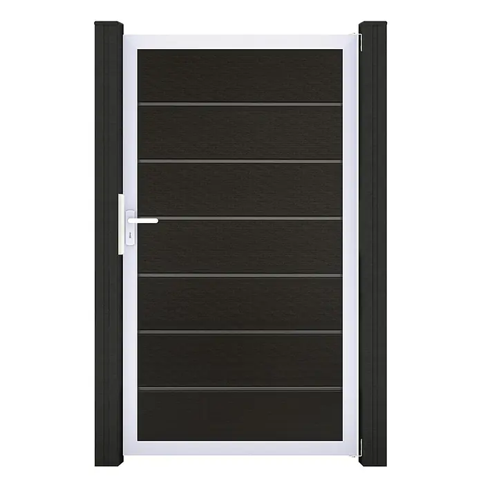GroJa Solid Gartentor Grande Premium - 100 x 180 cm, Schwarz/Silber - Dunkelgraues Tor mit horizontalen Lamellen, weißem Rahmen, Griff und zwei dunklen Pfosten.