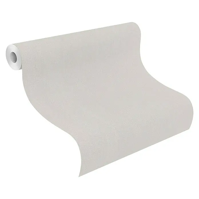 Rasch Selection Vliestapete Relief - Grau, Uni, 10,05 x 0,53 m - Teilweise abgerollte Rolle hellfarbiger Tapete mit dezenter Stoffstruktur.
