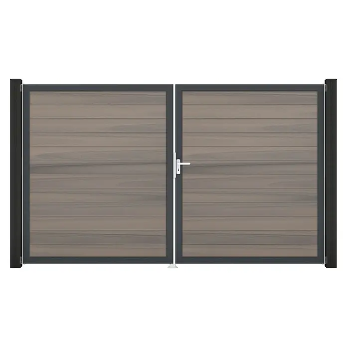 GroJa Solid Gartentor - 300 x 180 cm, Beige (DB703), DIN Anschlag: Rechts - Doppeltes Tor mit grau-braunen Holzlatten und einem dunkelgrauen Metallrahmen, versehen mit einem weißen Griff.