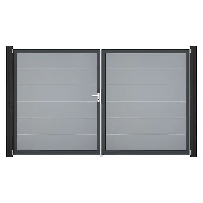 GroJa BasicLine Gartentor - 300 x 180 cm, Silbergrau (DB703), Kunststoff, DIN Anschlag: Links - Graues Doppeltor mit dunklem Rahmen und horizontalen Lamellen, mit weißem Griff am linken Torflügel.