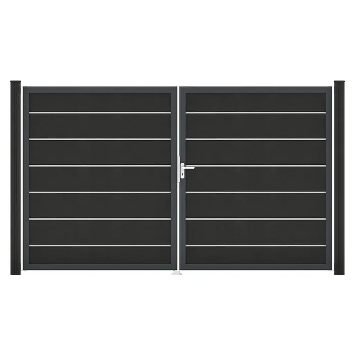 GroJa Solid Gartentor Grande Premium - 300 x 180 cm, Anthrazitgrau (DB703), DIN Anschlag: Rechts - Modernes dunkelgraues Doppeltor mit horizontalen Silberstreifen und Griff.