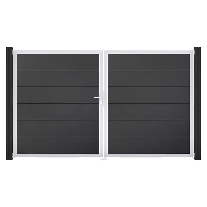GroJa BasicLine Gartentor - 300 x 180 cm, Anthrazit (EV1), Kunststoff, DIN Anschlag: Links - Modernes anthrazitfarbenes Doppelflügeltor mit weißem Rahmen und Griff.