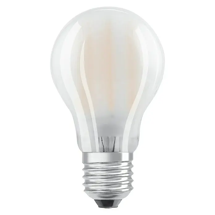 Osram Star LED-Lampen Set Glühlampenform E27 matt - E27, Nicht Dimmbar, Warmweiß, 806 lm, 7 W, 3 Stk., Matt - Nahaufnahme einer OSRAM LED-Filamentlampe in A-Form mit E27-Sockel und mattiertem Glaskolben.