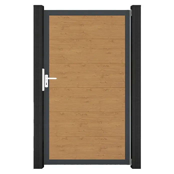 GroJa BasicLine Gartentor - 100 x 180 cm, Asteiche Natur (DB703), Kunststoff - Gartentor mit Holzpaneel, dunkelgrauem Rahmen, Pfosten und weißem Griff mit Schloss.