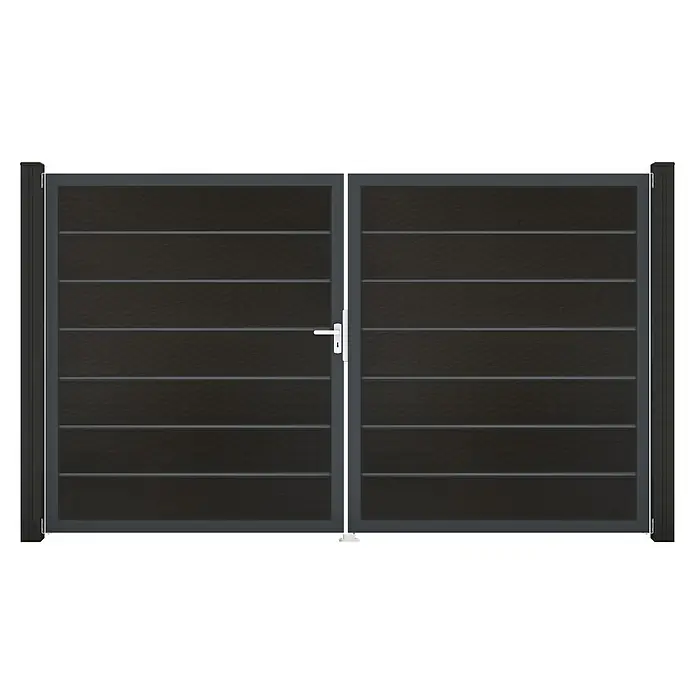 GroJa Solid Gartentor Grande Premium - 300 x 180 cm, Schwarz (DB703), DIN Anschlag: Links - Dunkelgraues Doppeltor mit horizontalen Lamellen und weißem Griff.