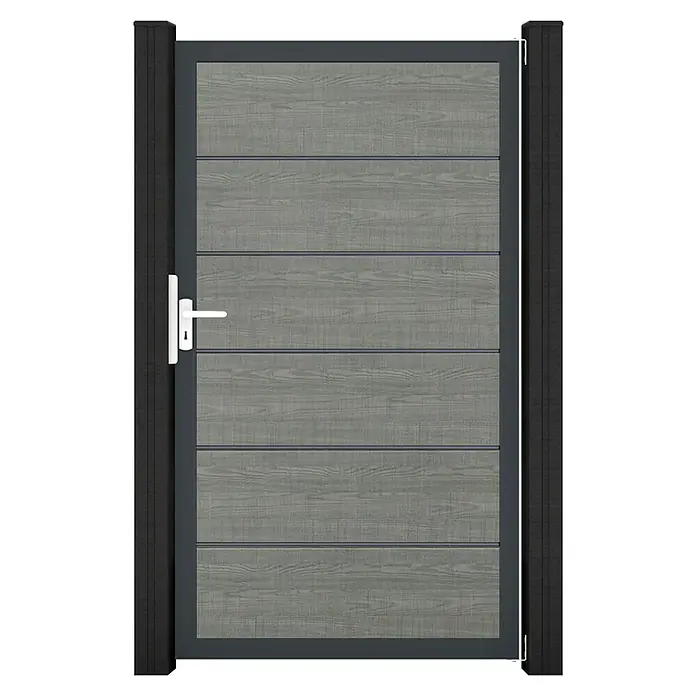GroJa BasicLine Gartentor Premium - 100 x 180 cm, Grey Ash Cut (DB703), Kunststoff - Dunkelgraues Gartentor mit grauen Holzlamellen und weißem Griff zwischen zwei Pfosten.