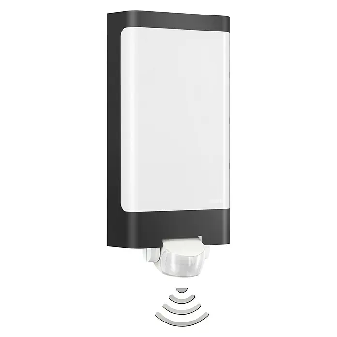 Steinel LED-Sensor-Außenwandleuchte L 240 S anthrazit - 9,3 W, L x B x H: 8,1 x 16,5 x 30,5 cm, Anthrazit/Weiß, Warmweiß - Moderne Außenleuchte mit Bewegungsmelder. Die Lampe hat ein schwarzes Gehäuse und eine weiße Lichtfläche für eine helle Beleuchtung im Außenbereich.