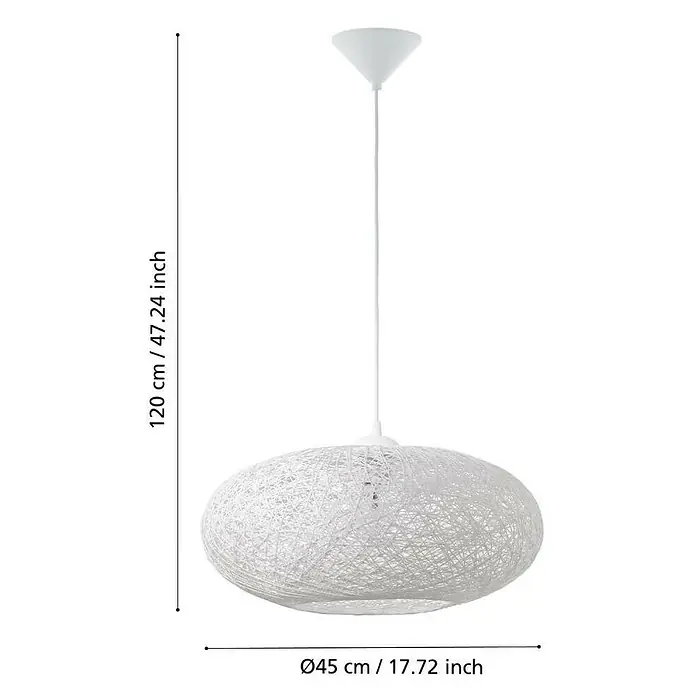 Eglo Pendelleuchte rund Campilo - Höhe: 110 cm - Abbildung einer weißen Hängelampe mit den Maßen 120 cm Höhe und 45 cm Durchmesser, ideal für stilvolle Beleuchtung.