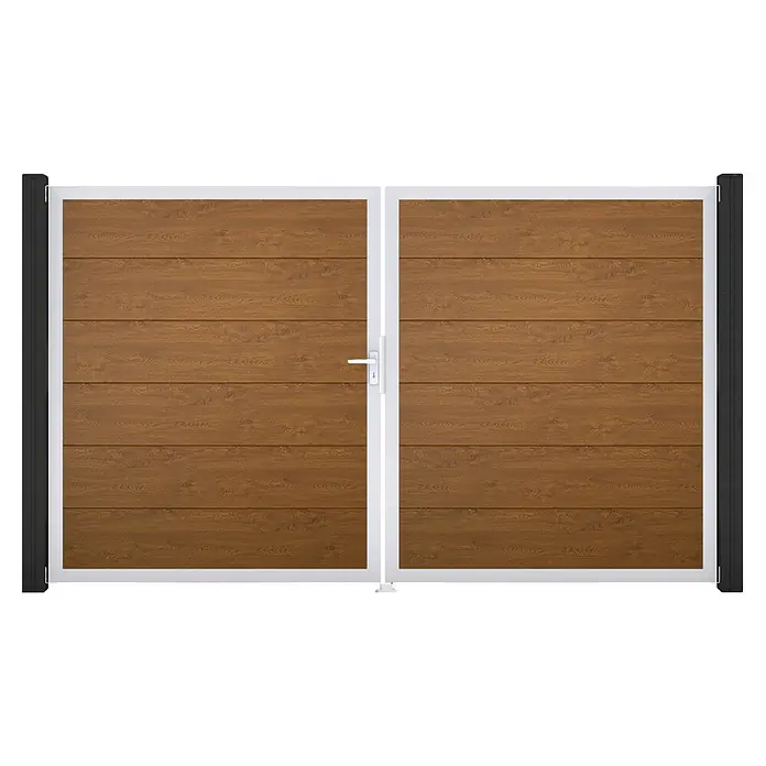 GroJa BasicLine Gartentor - 300 x 180 cm, Golden Oak (EV1), Kunststoff, DIN Anschlag: Links - Doppeltor mit Holzoptik-Horizontalpaneelen, weißen Rahmen und schwarzen Seitenpfosten.