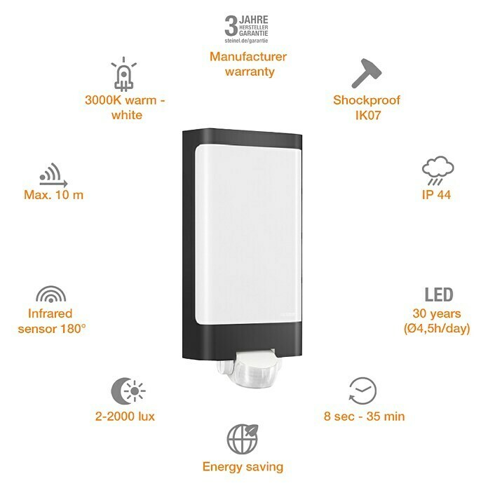 Steinel LED vanjska zidna svjetiljka sa senzorom pokreta (7,5 W, Boja: Antracit / bijelo, D x Š x V: 8,1 x 16,5 x 30,5 cm, IP44)