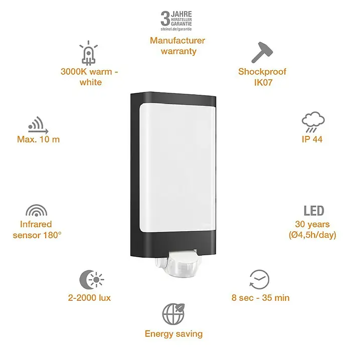 Steinel LED-Sensor-Außenwandleuchte L 240 S anthrazit - 9,3 W, L x B x H: 8,1 x 16,5 x 30,5 cm, Anthrazit/Weiß, Warmweiß - Abbildung einer Steinel Außenleuchte mit Bewegungsmelder und LED Technologie. Sie bietet 3 Jahre Herstellergarantie und ist energiesparend.