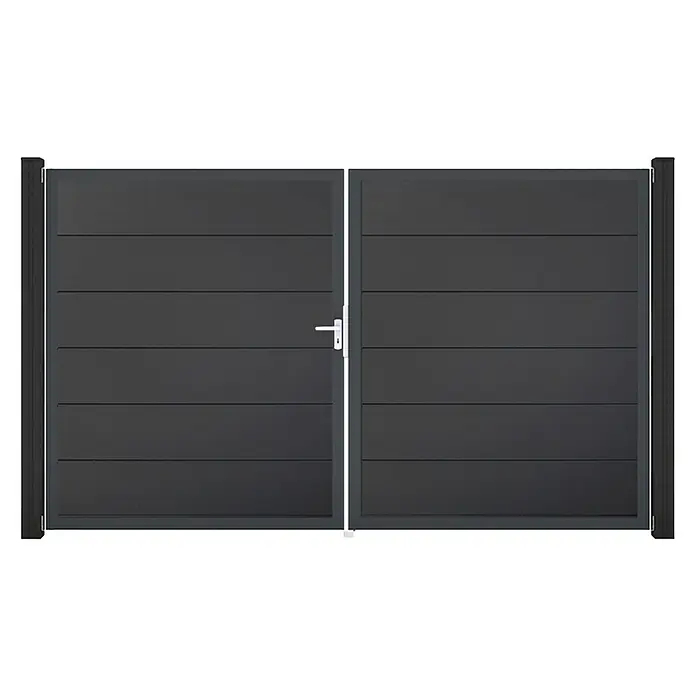 GroJa BasicLine Gartentor - 300 x 180 cm, Anthrazit (DB703), Kunststoff, DIN Anschlag: Links - Dunkelgraues Doppeltor mit horizontalen Lamellen und weißem Griff.