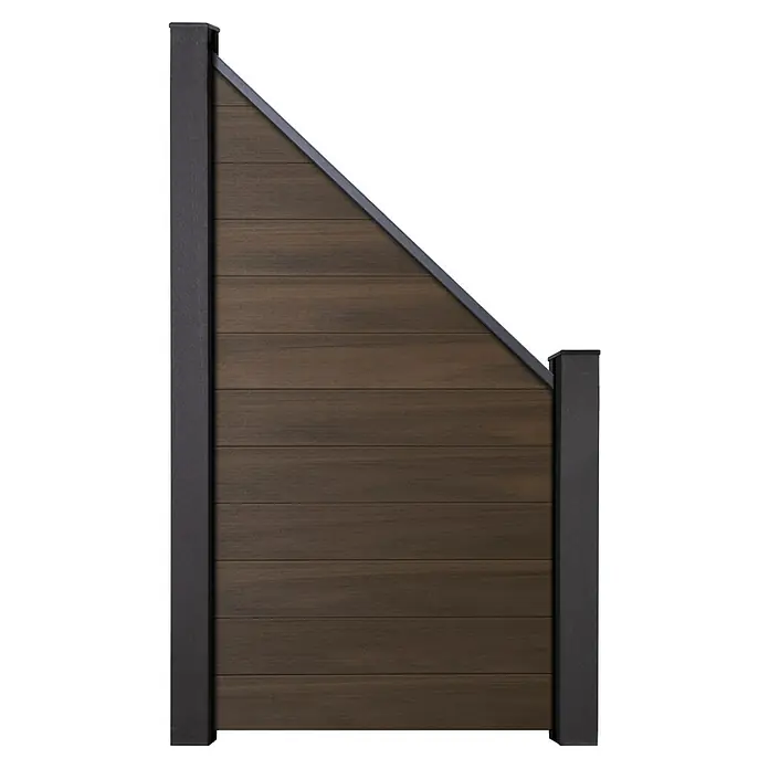 GroJa Solid Sichtschutz-Abschlusselement - 180 x 180 cm, Walnuss - Dunkelbraunes Zaunelement in Holzoptik mit schräger Oberkante und dunkelgrauen Pfosten.