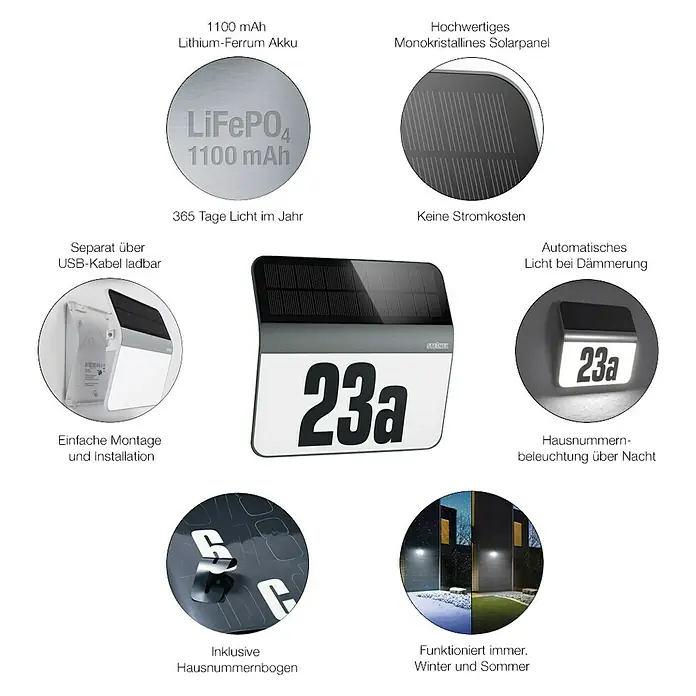 Steinel XSolar Solar-Hausnummer LH-N anthrazit - IP44, Anthrazit - Solar-Hausnummerleuchte mit 1100 mAh Lithium-Ferrum Akku, monokristallinem Solarpanel und USB-Ladefunktion für einfache Montage.