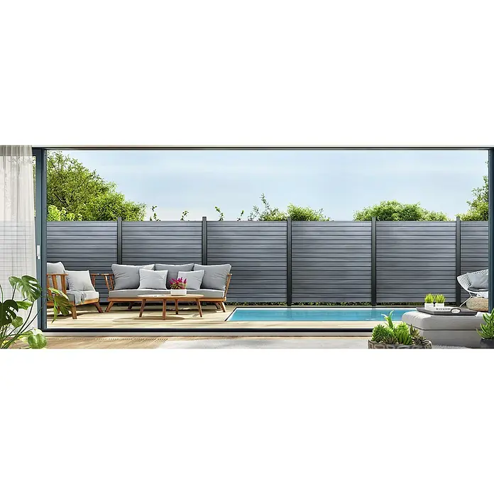 GroJa Solid Steckzaun Rhombus - 180 x 180 cm, Steingrau - Moderner, grauer Lamellen-Sichtschutzzaun, der einen abgeschirmten Außenbereich mit Sitzgelegenheiten und Pool schafft.