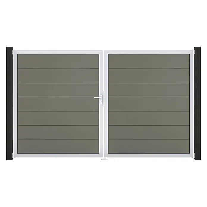 GroJa Solid Gartentor Grande - 300 x 180 cm, Grau (EV1), DIN Anschlag: Links - Graues Doppeltor mit horizontalen Lamellen, weißem Rahmen und dunklen Seitenpfosten.