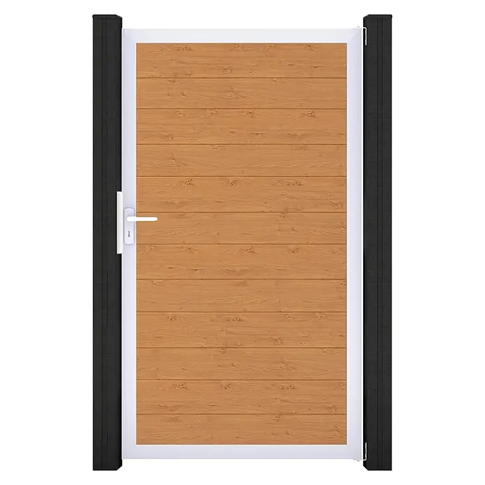 GroJa BasicLine Gartentor Schmal - 100 x 180 cm, Asteiche Natur (EV1), Kunststoff - Braune Holztür mit weißem Rahmen und schwarzen Pfosten.