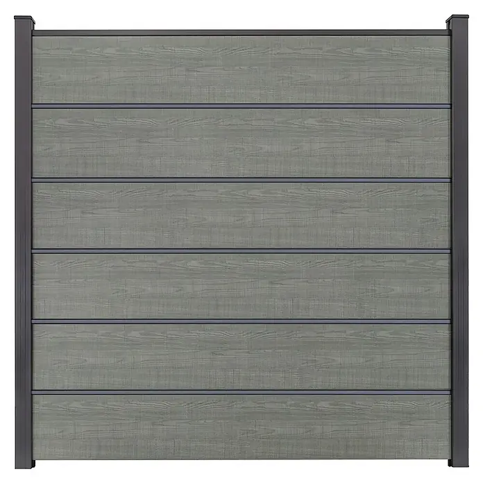 GroJa BasicLine Steckzaun Premium - 180 x 180 cm, Grey Ash Cut - Graues Sichtschutzzaunelement mit Holzstruktur, dunklem Rahmen und Pfosten.