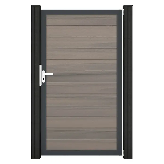 GroJa Solid Gartentor - 100 x 180 cm, Beige (DB703) - Dunkelgraues Rahmentor mit horizontalen Holzpaneelen und weißem Griff, zwischen zwei dunklen Pfosten.