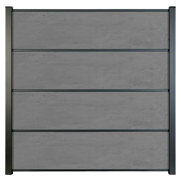 GroJa Premo Steckzaun - 180 x 90 cm, Betongrau - Modularer Beton-Sichtschutz in Grau mit dunklem Metallrahmen und Pfosten.