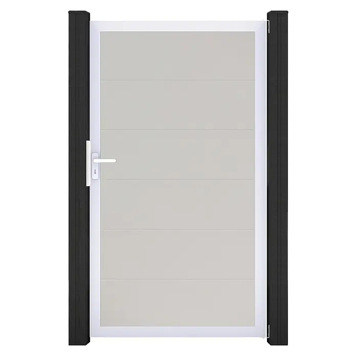GroJa BasicLine Gartentor - 100 x 180 cm, Weiß (EV1), Kunststoff - Hellgraue Pforte mit weißem Rahmen und Griff, flankiert von schwarzen Pfosten.