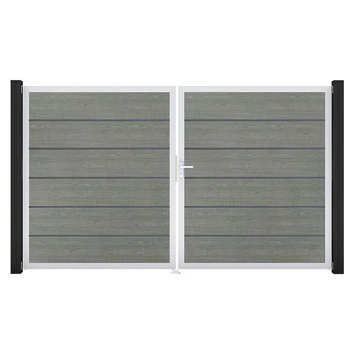 GroJa BasicLine Gartentor Premium - 300 x 180 cm, Gray Ash Cut (EV1), Kunststoff, DIN Anschlag: Rechts - Doppelflügeltor mit grauen Holzoptik-Lamellen, weißem Rahmen, schwarzen Pfosten und weißem Griff.