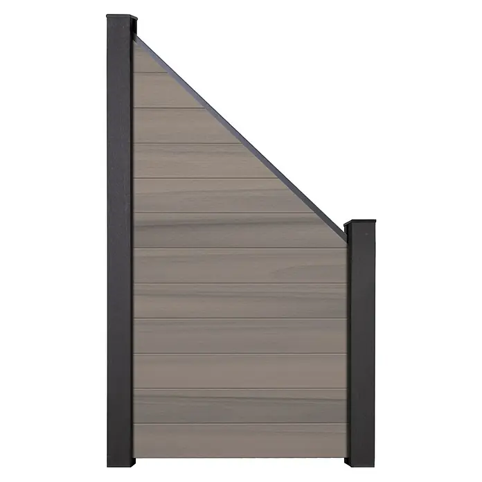 GroJa Solid Sichtschutz-Abschlusselement - 180 x 180 cm, Beige - Schräges Zaunfeld mit horizontalen graubraunen Holzlatten und dunkelgrauen Pfosten.