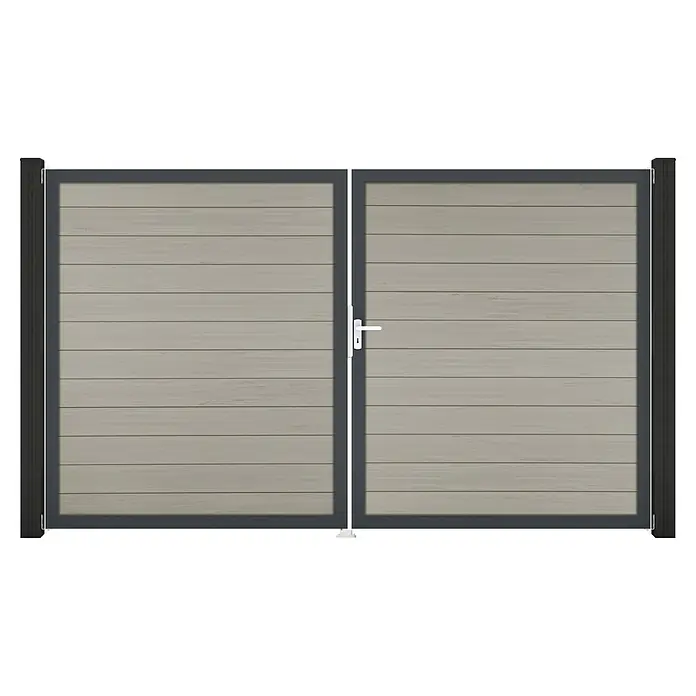 GroJa Solid Gartentor - 300 x 180 cm, Beige (DB), DIN Anschlag: Links - Doppeltor mit hellgrauen Holzlamellen, dunkelgrauem Metallrahmen und Pfosten, mit weißem Griff.