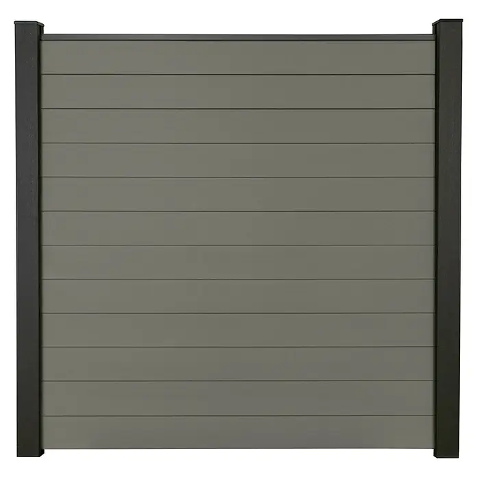 GroJa Solid Steckzaun - 180 x 180 cm, Grau - Graues Verbundzaunelement mit horizontalen Lamellen und dunkelgrauen Rahmenpfosten.