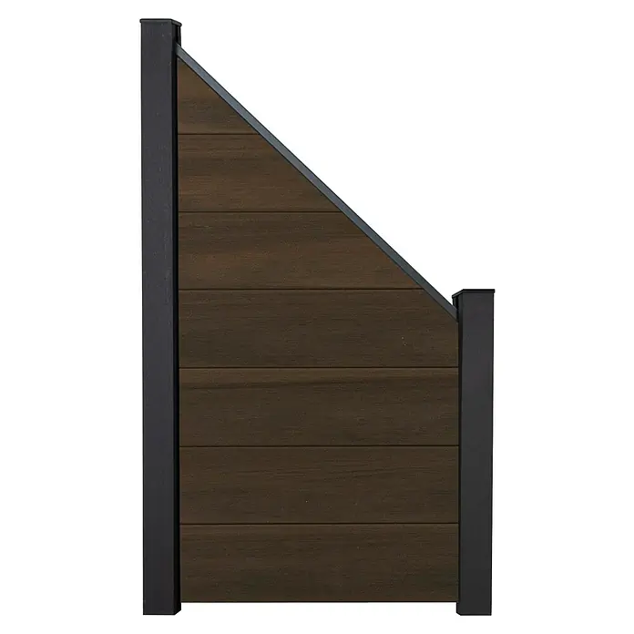 GroJa Solid Sichtschutz-Abschlusselement Grande - 90 x 180 cm, Walnuss - Dunkelbraunes Sichtschutzzaunelement mit dunkelgrauen Pfosten und schräger Oberkante.