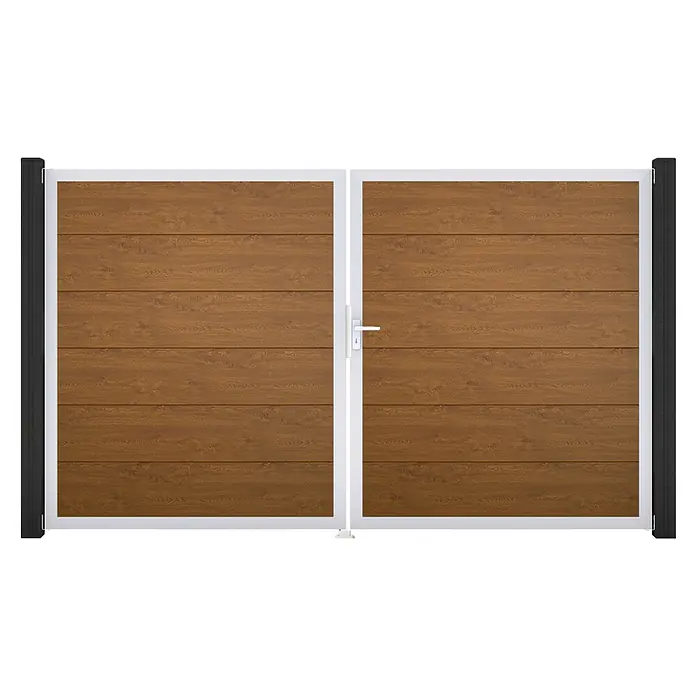 GroJa BasicLine Gartentor - 300 x 180 cm, Golden Oak (EV1), Kunststoff, DIN Anschlag: Rechts - Braunes doppelflügeliges Tor in Holzoptik mit weißem Rahmen, dunkelgrauen Pfosten und weißem Griff.