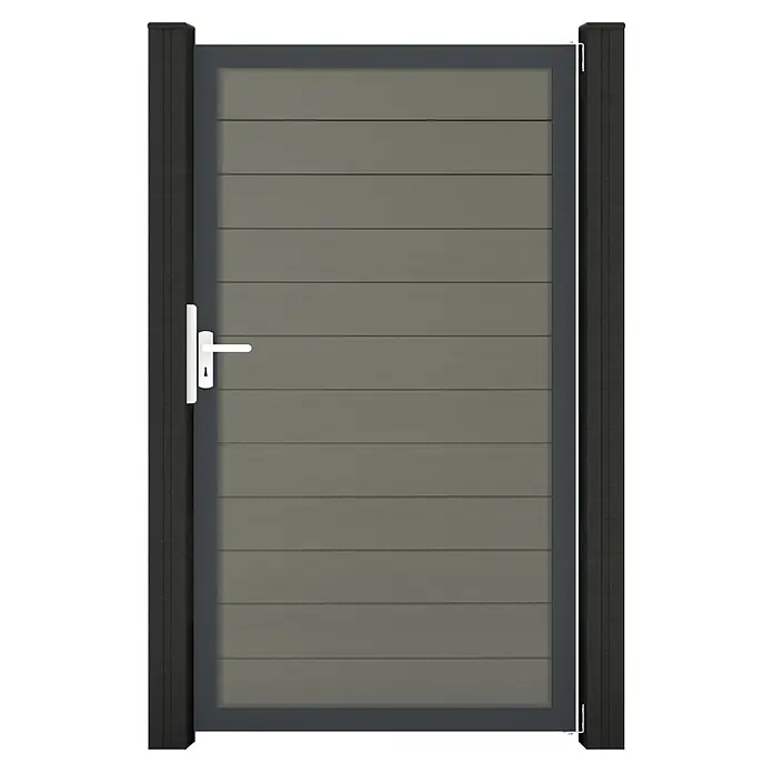 GroJa Solid Gartentor - 100 x 180 cm, Grau (DB703) - Graues Verbundstoff-Gartentor mit horizontalen Lamellen, dunklem Rahmen und weißem Griff, flankiert von zwei dunklen Pfosten.