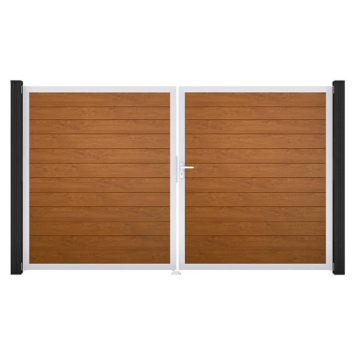 GroJa BasicLine Gartentor Schmal - 300 x 180 cm, Golden Oak (EV1), Kunststoff, DIN Anschlag: Rechts - Doppelflügeltor mit braunen Holzpaneelen, weißem Rahmen und schwarzen Pfosten.