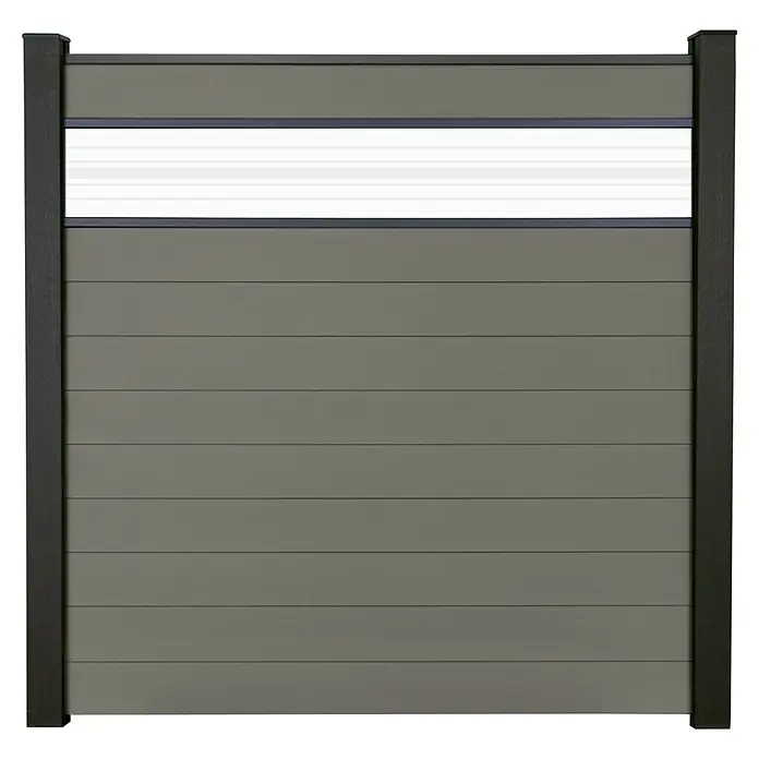 GroJa Solid Steckzaun - 180 x 180 cm, Grau, Mit Glaseinsatz - Zaunfeld mit anthrazitfarbenem Rahmen, grauen horizontalen Lamellen und transluzentem Oberstreifen.