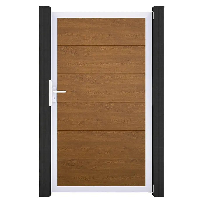 GroJa BasicLine Gartentor - 100 x 180 cm, Golden Oak (EV1), Kunststoff - Braunes Holztor mit horizontalen Paneelen, weißem Rahmen, weißem Griff und schwarzen Seitenpfosten.