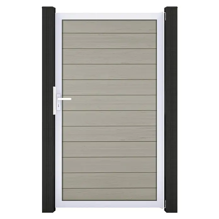 GroJa Solid Gartentor - 100 x 180 cm - Helles grau lamellen Gartentor mit weißem Rahmen, weißem Griff und dunkelgrauen Pfosten.