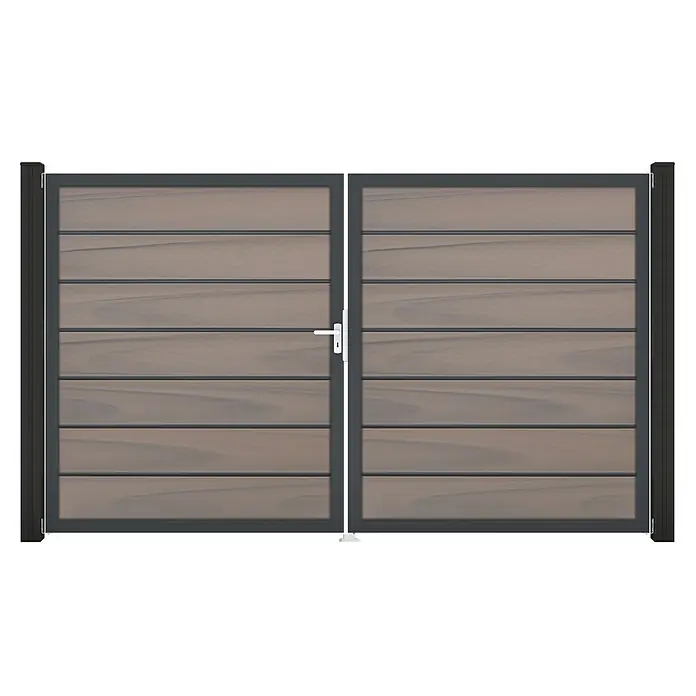 GroJa Solid Gartentor Grande Premium - 300 x 180 cm, Grau (DB703), DIN Anschlag: Links - Doppeltor mit dunkelgrauem Metallrahmen und horizontalen Holzoptikpaneelen, mit weißem Griff.
