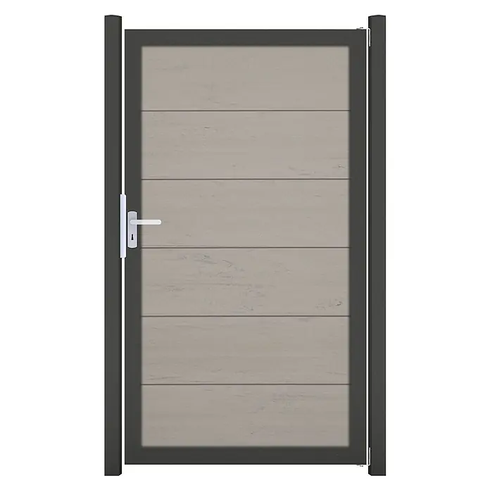 GroJa Viento Gartentor - 100 x 180 cm, Beige (DB), Aluminium - Dunkelgrau gerahmtes Gartentor mit hellgrauen horizontalen Lamellen und weißem Griff.