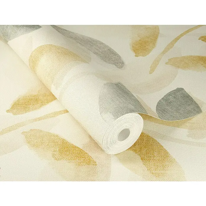 Rasch Selection Vliestapete Vinyl - Beige-Grau, Floral, 10,05 x 0,53 m - Nahaufnahme einer Rolle gemusterter Vliestapete mit abstrakten, aquarellartigen Formen in Gelb- und Grautönen auf hellem Grund.