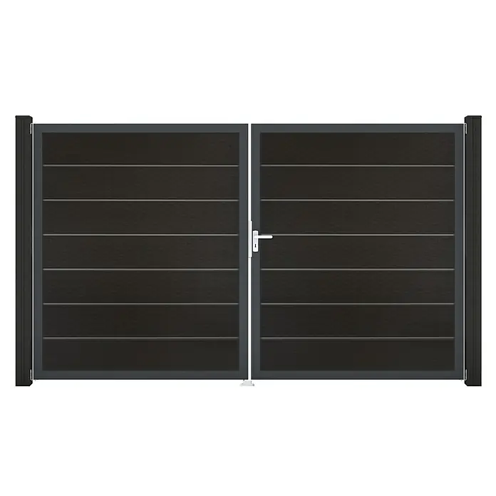 GroJa Solid Gartentor Grande Premium - 300 x 180 cm, Schwarz (DB703), DIN Anschlag: Rechts - Dunkelbraunes Doppeltor mit horizontalen Lamellen, grauem Rahmen und weißem Griff.