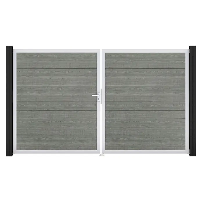 GroJa BasicLine Gartentor Schmal - 300 x 180 cm, Gray Ash Cut (EV1), Kunststoff, DIN Anschlag: Links - Graues Flügeltor in Holzoptik mit weißem Rahmen und dunklen Pfosten.