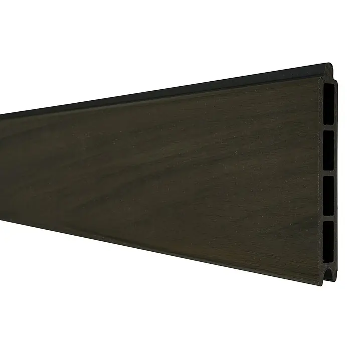 GroJa Solid Steckzaun - 180 x 15 cm, Walnuss - Dunkles WPC-Board mit Holzmaserung, zeigt sein Hohlkammerprofil.