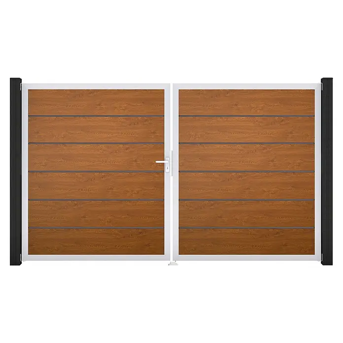 GroJa BasicLine Gartentor Premium - 300 x 180 cm, Golden Oak (EV1), Kunststoff, DIN Anschlag: Links - Braunes Doppelflügeltor in Holzoptik mit weißen Rahmen und dunkelgrauen Pfosten, horizontalen Lamellen und weißem Griff.